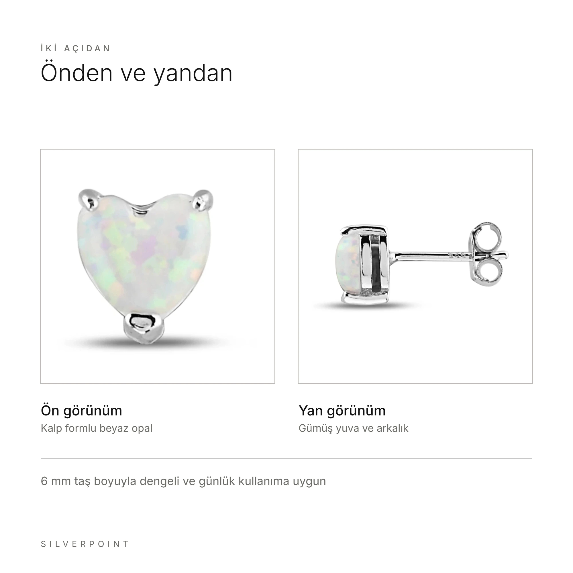 Minimal Beyaz Opal Kalp Taşlı Gümüş Küpe (6mm)