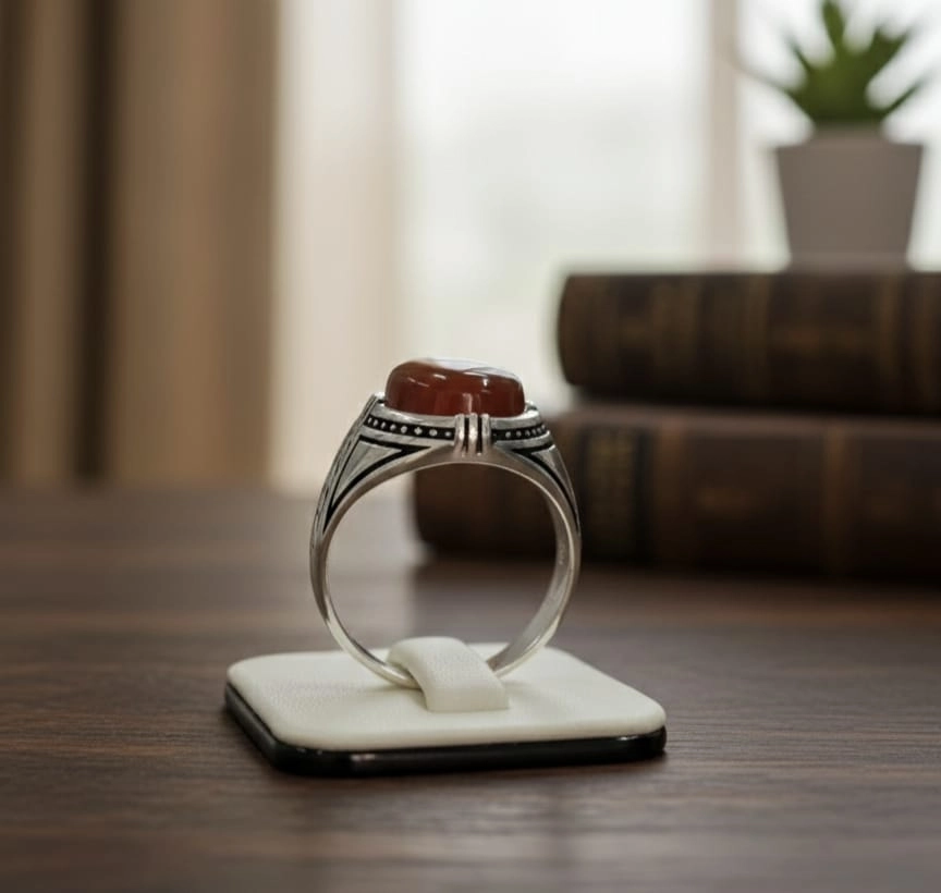 Akik Oval Taşlı Motifli Gümüş Erkek Yüzük