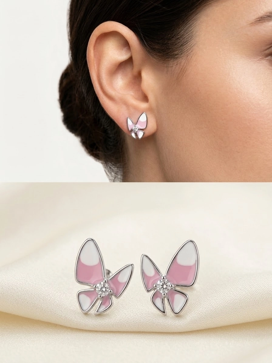 Minimalist  Pembe Mine Detaylı Gümüş Kelebek Küpe