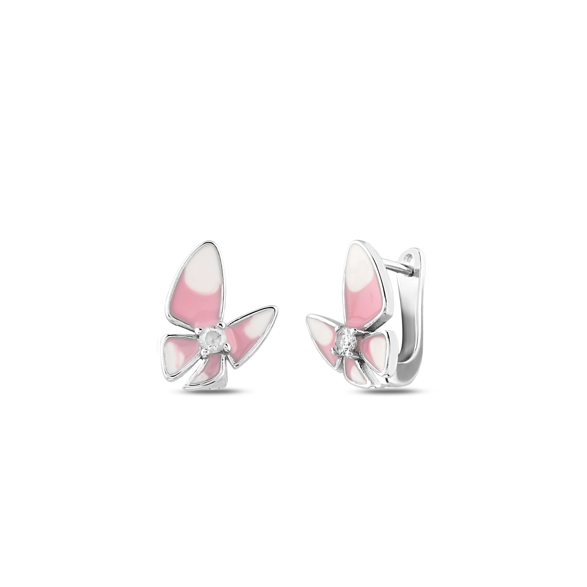 Minimalist  Pembe Mine Detaylı Gümüş Kelebek Küpe