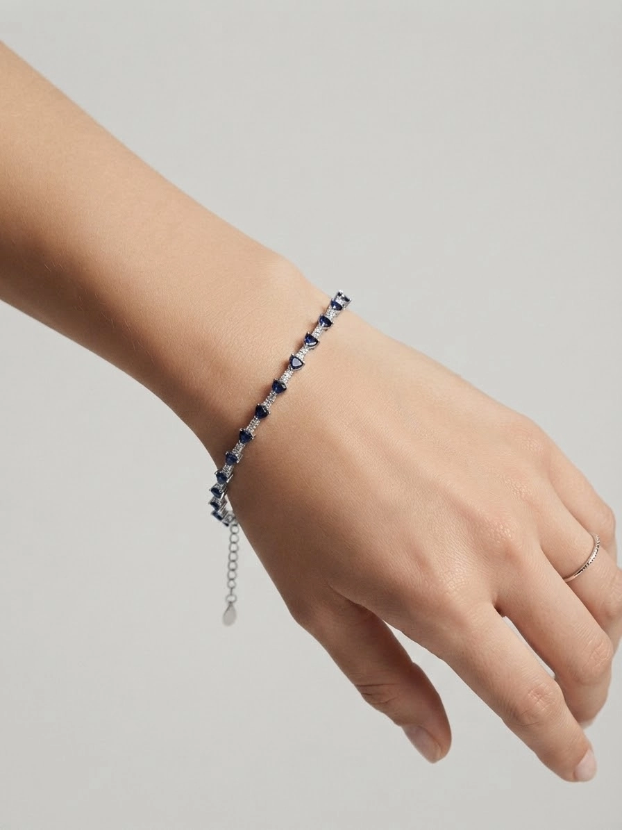 Safir Zirkon Kalp Taşlı Gümüş Bileklik